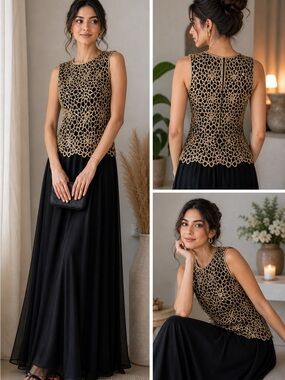 Tadashi Shoji Black Gold Lace Maxi Gown Crochet Overlay Elegant Bodice